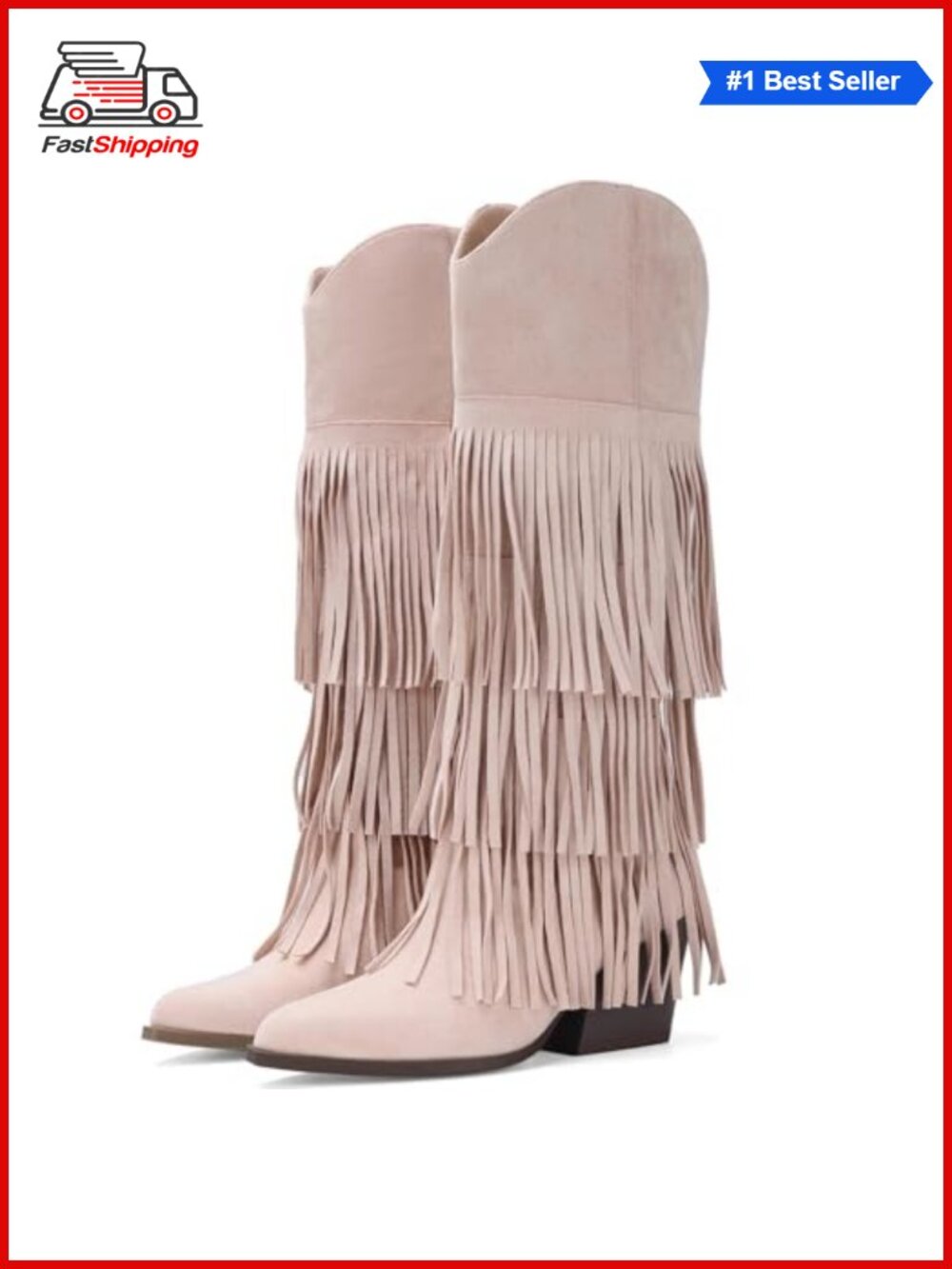 ✨ Faux Suede Fringe Cowgirl Boots Retro Block Chunky Mid-Calf Western Boots